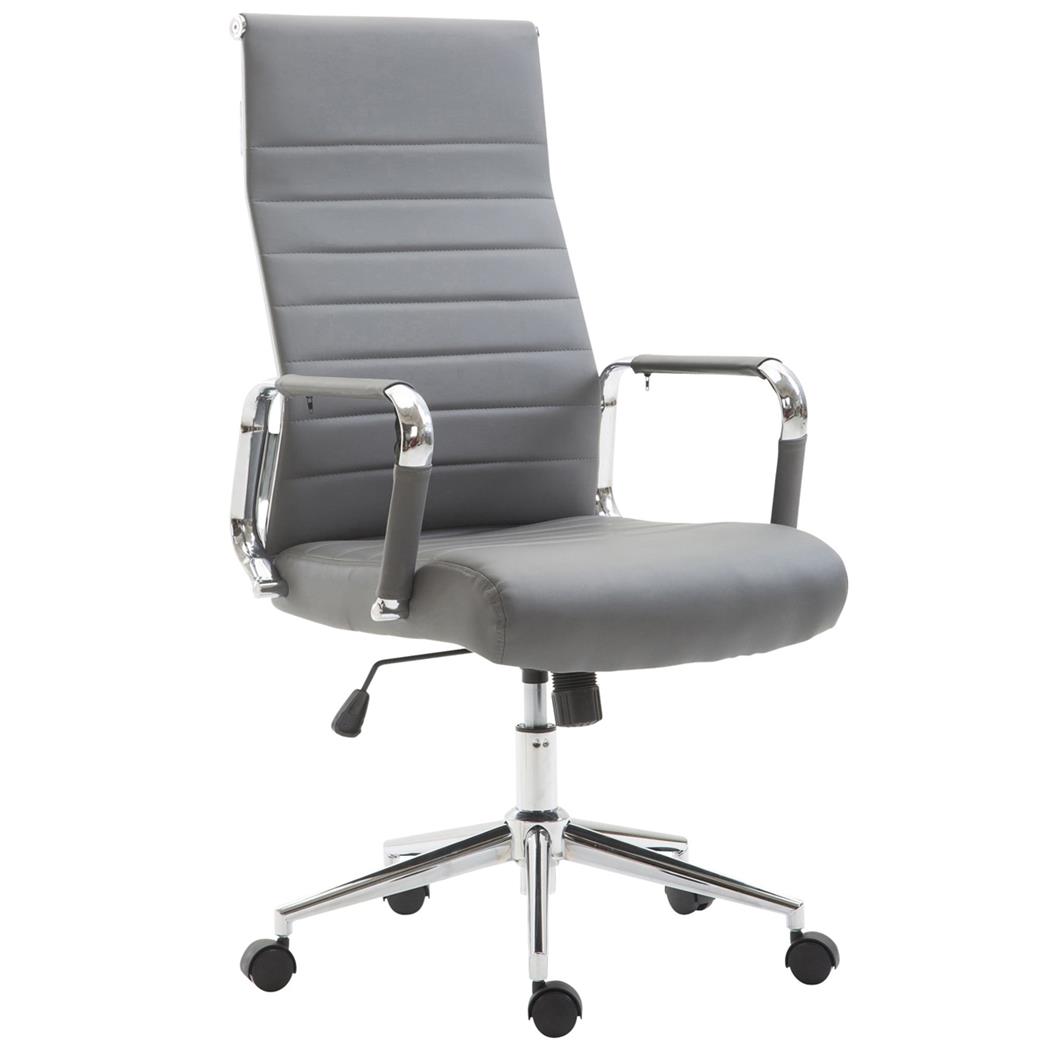 Cadeira de Escritório KOLMU, Base Metálica, Design Elegante Com Costuras, Em Pele Cinza