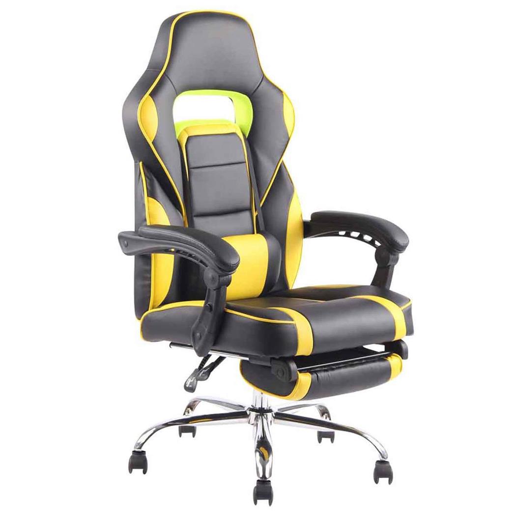 Cadeira Gaming LISTER, Apoia Pés Extensível, Almofada Lombar, Em Pele, Preto e Amarelo