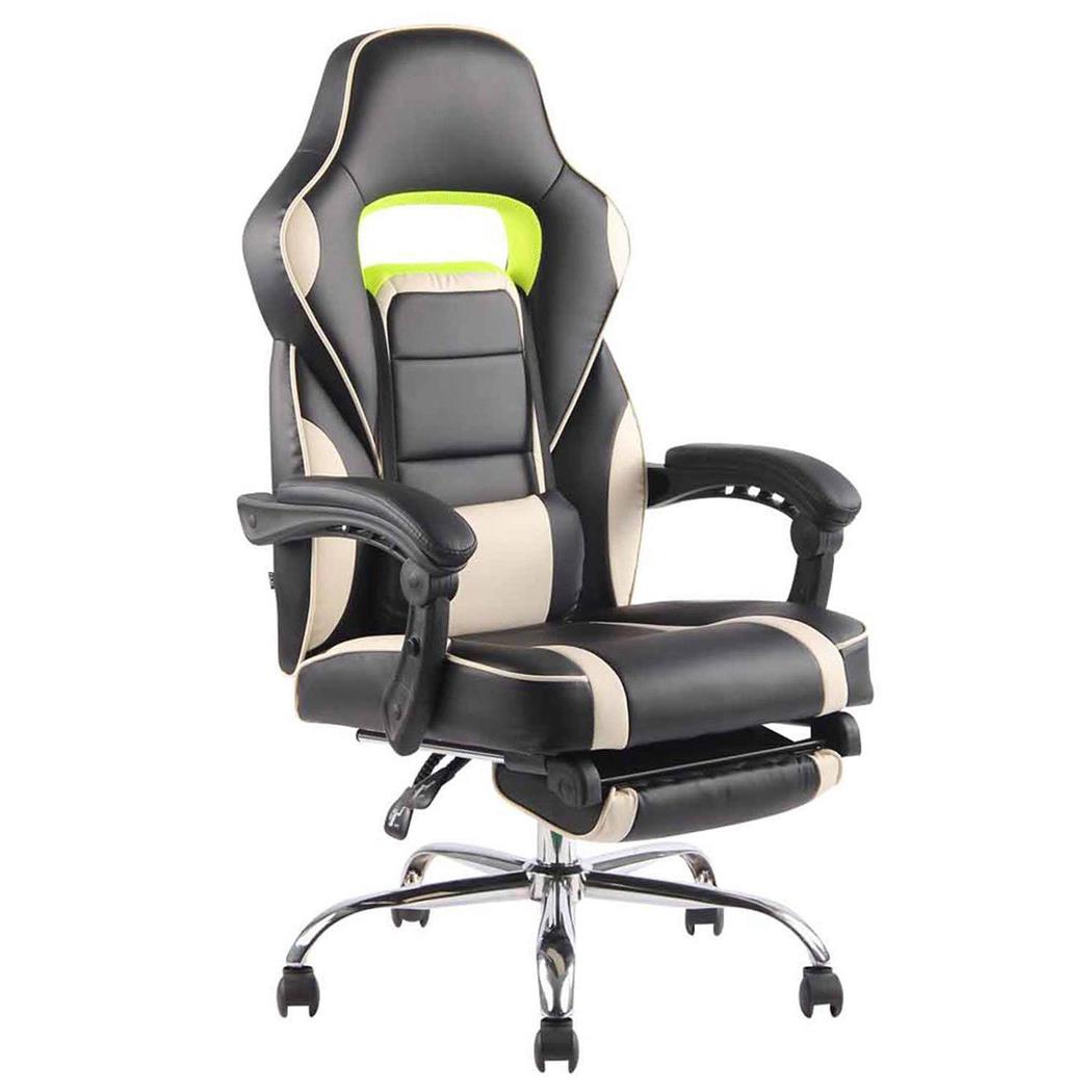 Cadeira Gaming LISTER, Apoia Pés Extensível, Almofada Lombar, Em Pele, Preto e Creme