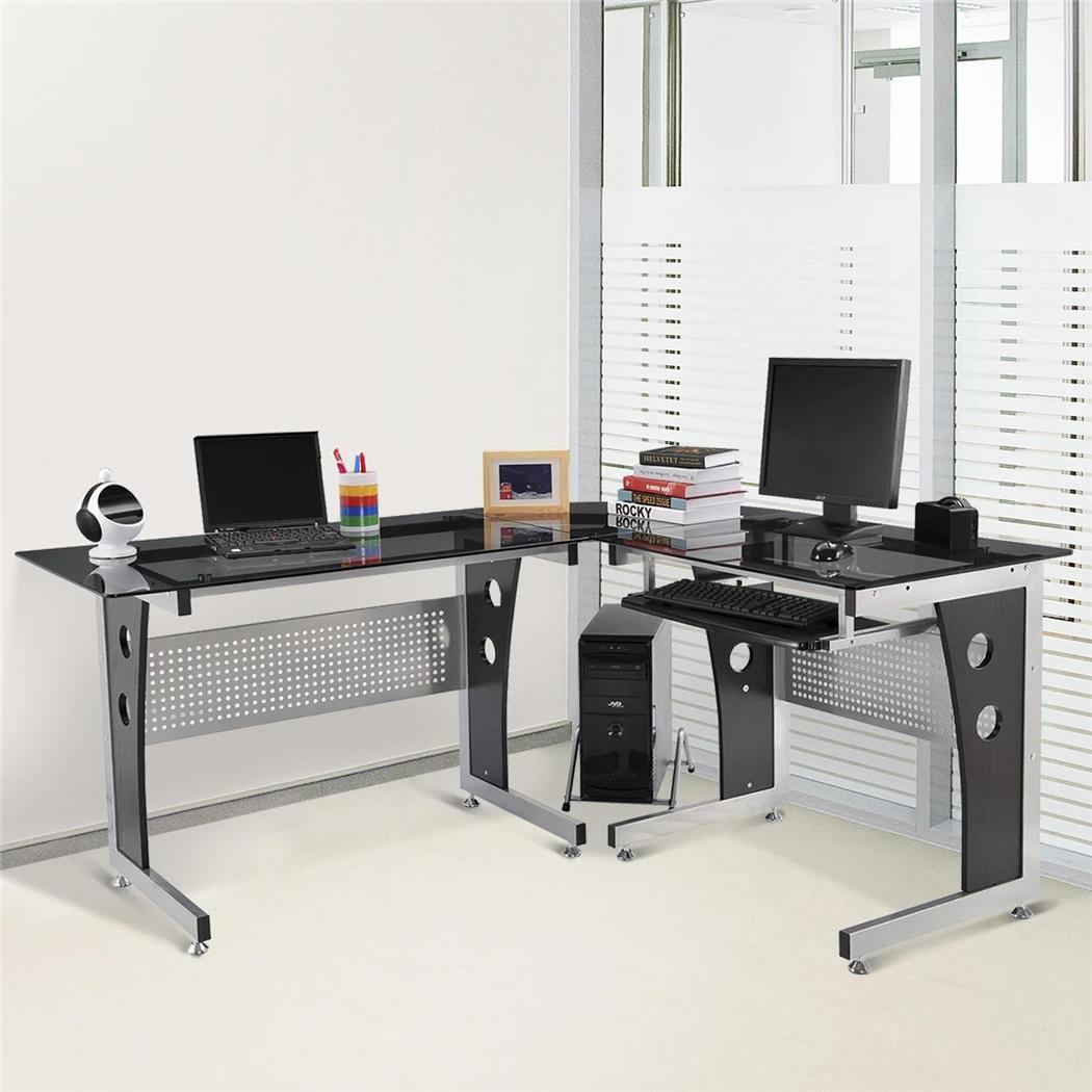 Mesa de Computador VOCAR, 164x139x75 cm, Com Suporte para Teclado, Em Madeira e Vidro, Preto 