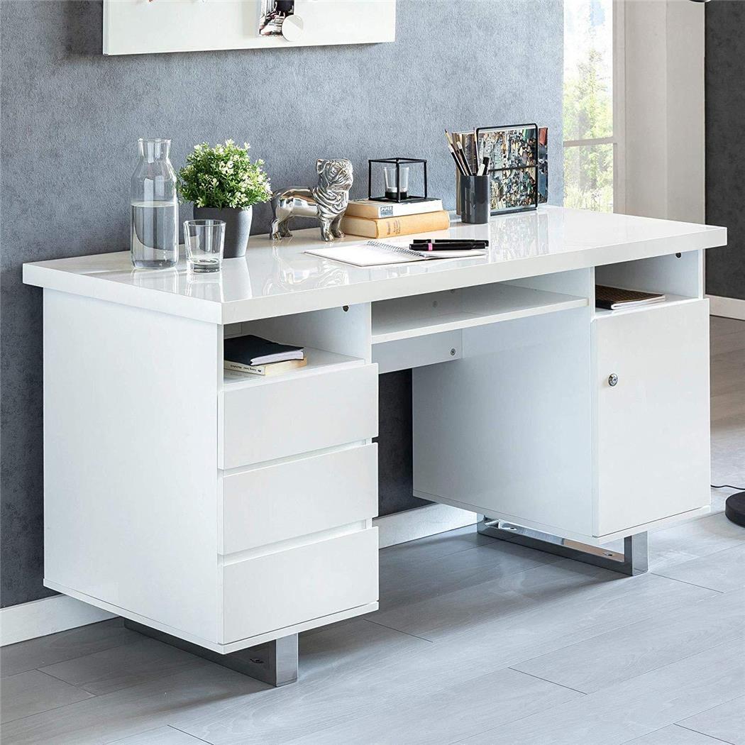 Mesa de Computador ABDUL, 140x60x76 cm, Com Gavetas, Em Madeira, Cor Branco