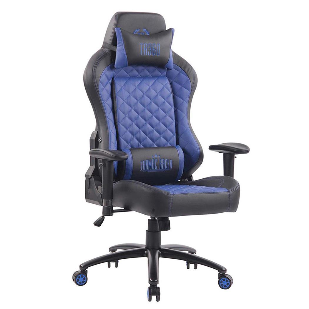 Cadeira Gaming MAXIM, Com Encosto reclinável, Almofadas Lombar e Cervical, Em Pele Preto/Azul