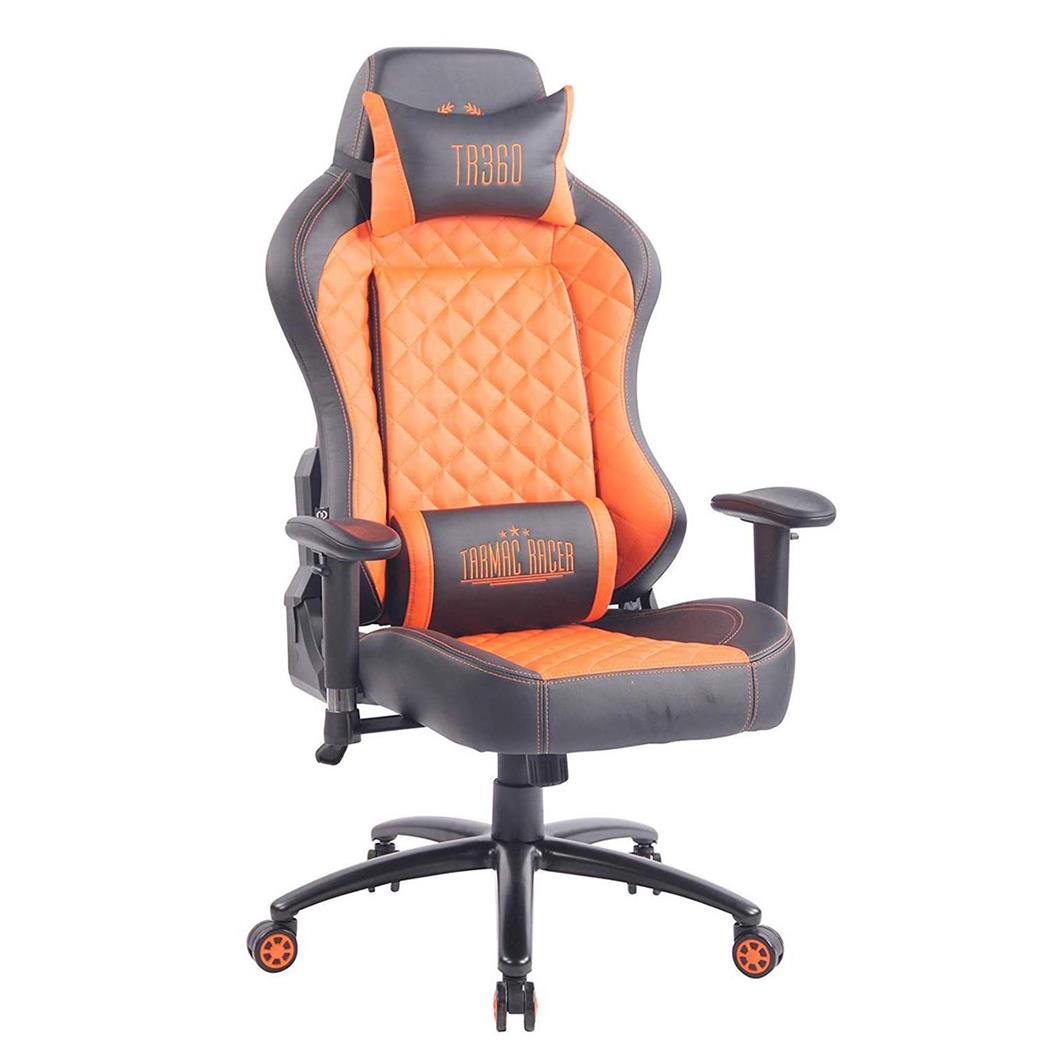 Cadeira Gaming MAXIM, Com Encosto reclinável, Almofadas Lombar e Cervical, Em Pele Preto/Laranja
