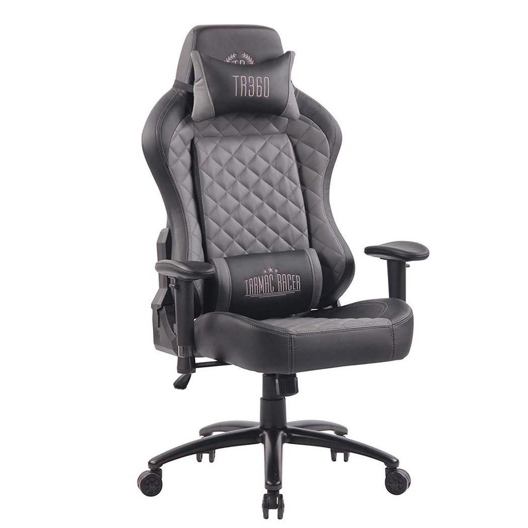 Cadeira Gaming MAXIM, Com Encosto reclinável, Almofadas Lombar e Cervical, Em Pele Preto/Cinzento
