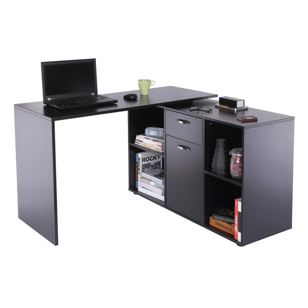 Mesa de Escritório, SUKA, Com Estantes e Armário, em Madeira, Cor Preto