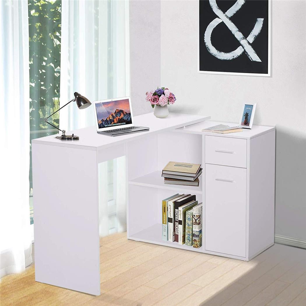 Mesa de Escritório, YASER, Com Estantes e Armário, em Madeira, Cor Branco