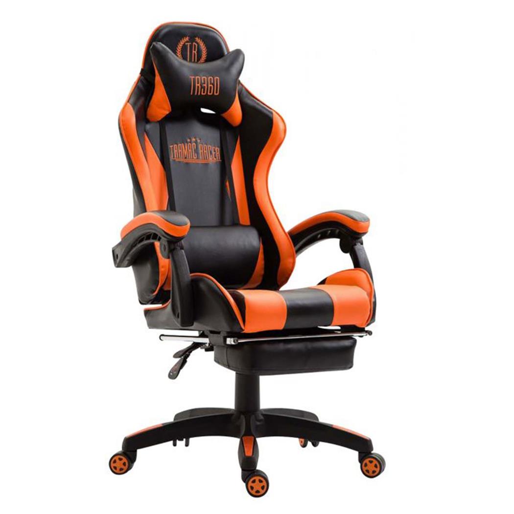 Cadeira Gaming POKER, Apoia Pés, Almofada Lombar e Cervical, Em Pele, Cor Preto e Laranja