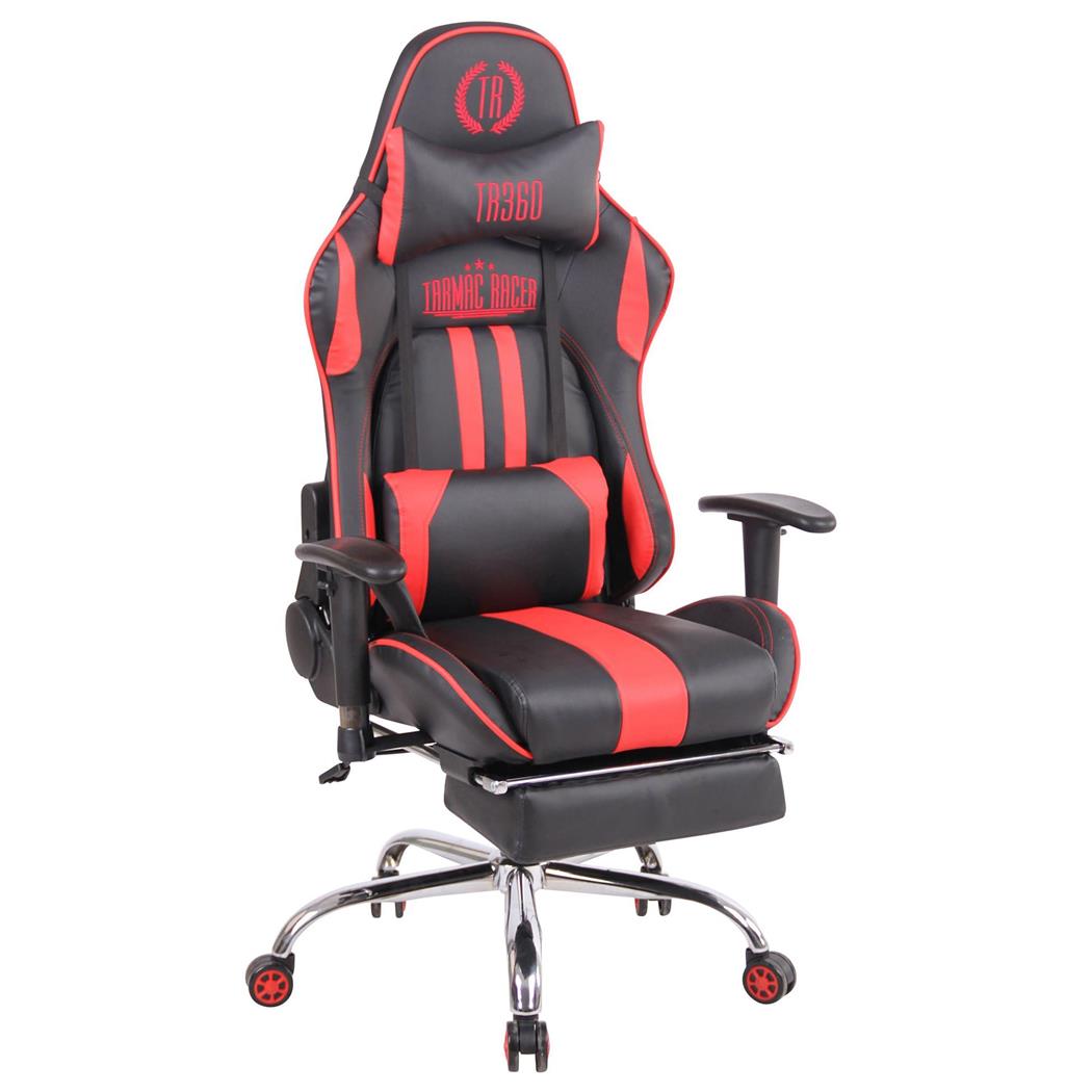 Cadeira Gaming LAUDA, Almofada Lombar e Cervical, Apoia Pés Extensível, Preto / Vermelho