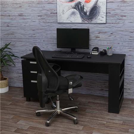 Mesa de Escritório MUNICH, Gavetas e Prateleiras, 150x60cm, Em Madeira, Cor Preto