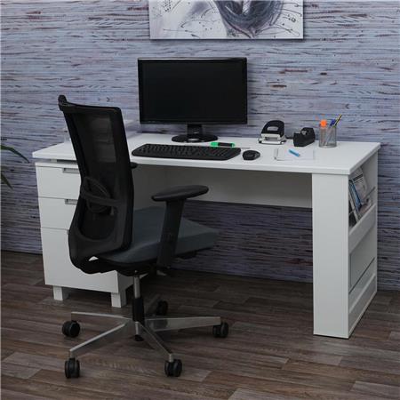 Mesa de Escritório MUNICH, Gavetas e Prateleiras, 150x60cm, Em Madeira, Cor Branco