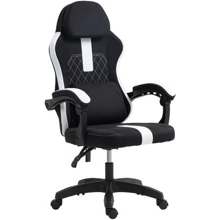 Cadeira Gaming VENOM, Encosto Reclinável, Almofada Lombar e Cervical, Em Tecido Branco E Preto