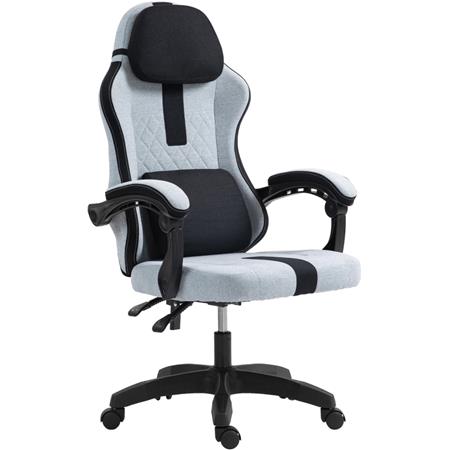 Cadeira Gaming VENOM, Encosto Reclinável, Almofada Lombar e Cervical, Em Tecido Cinzento E Preto
