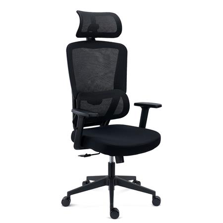 Cadeira Ergonómica SUPRA, Apoia Cabeças, Suporte Lombar Ajustável Uso 8h, em Tecido e Malha Respirável, em Preto
