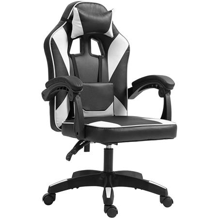 Cadeira Gaming TESCO, Design Desportivo, Almofada Lombar e Cervical, em Pele, cor Branco e Preto