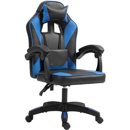 Cadeira Gaming TESCO, Design Desportivo, Almofada Lombar e Cervical, em Pele, cor Azul e Preto