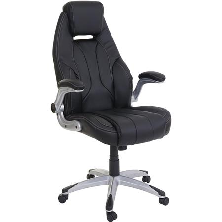 Cadeira de Escritório BOBI, Acolchoado Grosso, Apoio de Braços Rebatíveis, em Pele de cor Preto