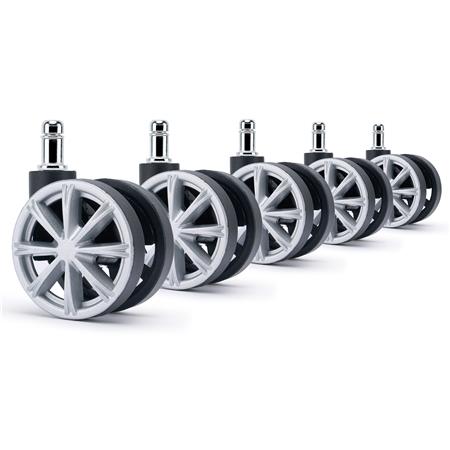 Conjunto de 5 Rodas H4 para Cadeiras de Escritório, 11x50 mm, Design em Raios, Cor Preto e Cinzento