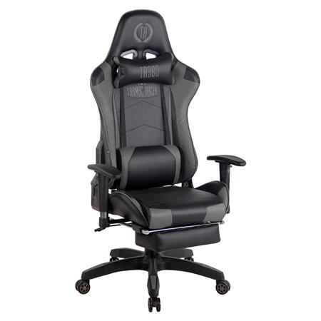 Cadeira Gaming TURBO com Apoio para os pés, Encosto Reclinável, Almofadas Lombar e Cervical, Em Pele Preto/Cinza