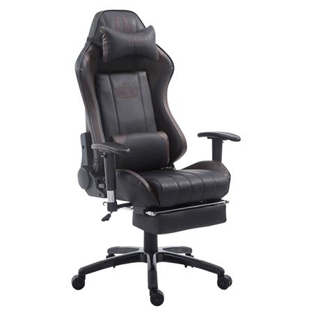 Cadeira Gaming TURBO com Apoio para os pés, Encosto Reclinável, Almofadas Lombar e Cervical, Em Pele Preto/Castanho