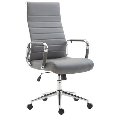 Cadeira de Escritório KOLMU, Base Metálica, Design Elegante Com Costuras, Em Pele Cinza