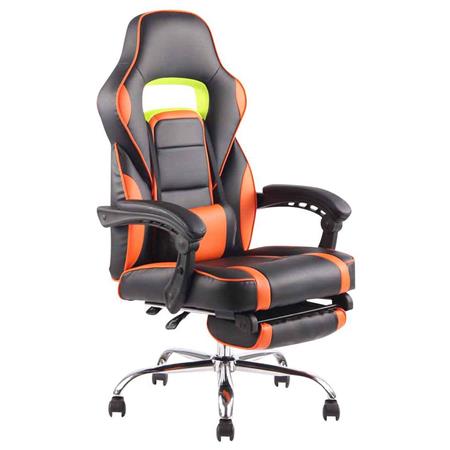 Cadeira Gaming LISTER, Apoia Pés Extensível, Almofada Lombar, Em Pele, Preto e Laranja