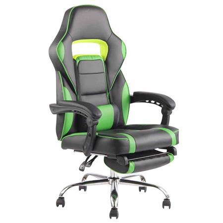 Cadeira Gaming LISTER, Apoia Pés Extensível, Almofada Lombar, Em Pele, Preto e Verde