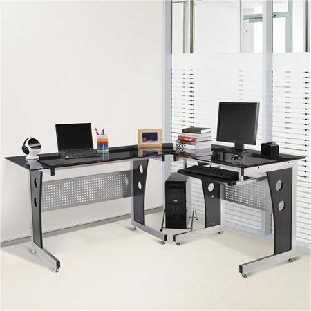 Mesa de Computador VOCAR, 164x139x75 cm, Com Suporte para Teclado, Em Madeira e Vidro, Preto 