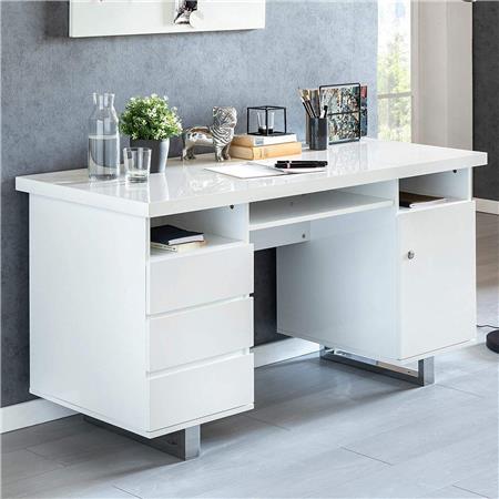 Mesa de Computador ABDUL, 140x60x76 cm, Com Gavetas, Em Madeira, Cor Branco