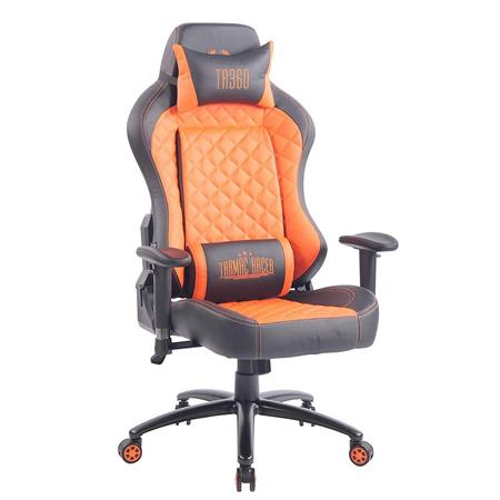Cadeira Gaming MAXIM, Com Encosto reclinável, Almofadas Lombar e Cervical, Em Pele Preto/Laranja