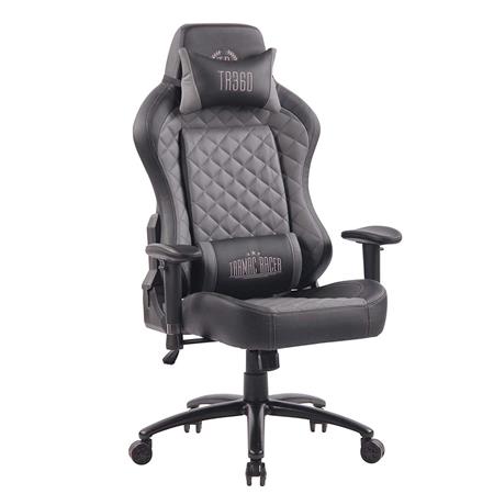 Cadeira Gaming MAXIM, Com Encosto reclinável, Almofadas Lombar e Cervical, Em Pele Preto/Cinzento