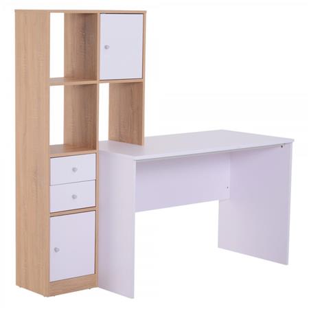 Mesa de Escritório LINSAY, Com Gavetas e Estantes, 153x60x148 cm, Em Madeira, Cor Branco e Nogueira