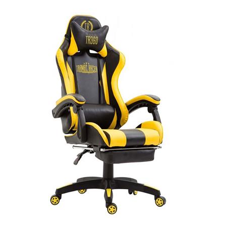 Cadeira Gaming POKER, Apoia Pés, Almofada Lombar e Cervical, Em Pele, Cor Preto e Amarelo